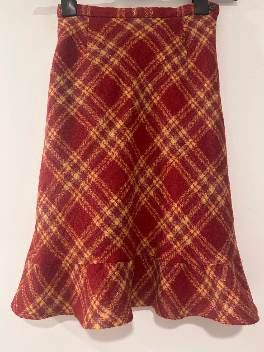 Brick Red and Butter Yellow Plaid 100% Wool Fishtail Japanese Vintage Skirt